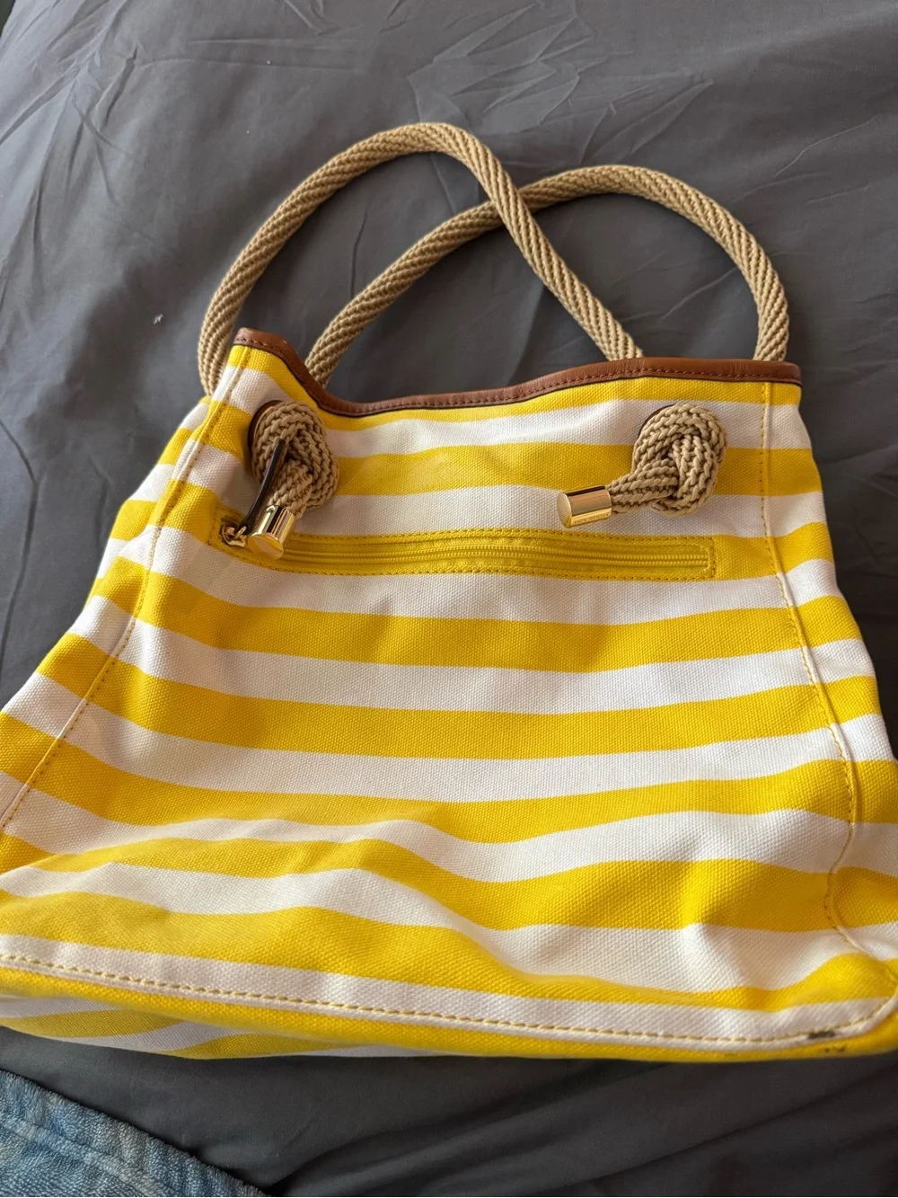 Michael Kors Yellow and White Striped Canvas Tote with Rope Handles
